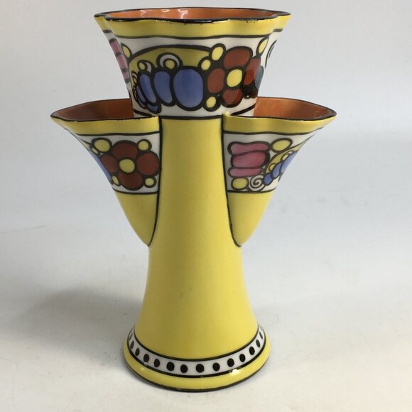 Noritake Art Deco Vase Design 3 Chamber Tulip Yellow Orange Blue Lusterware 7in - Picture 2 of 16